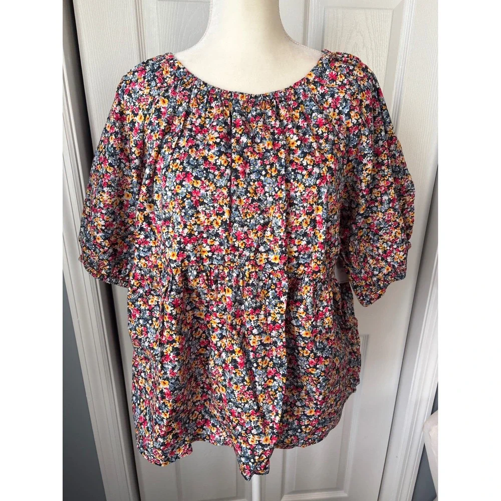 Old Navy Womens XL Tall Floral Babydoll Peplum Top Puff Sleeve Navy Blue Multi
